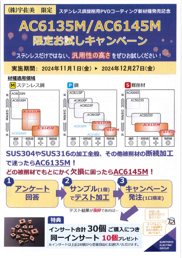 （株）宇佐美限定　住友電工（株）イゲタロイAC6135・AC6145お試しキャンペーンのご案内